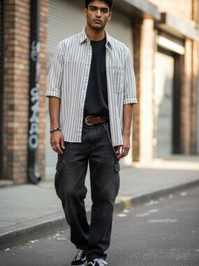 Vintage Shah Safari Men's L White Black Striped Button-Up Shirt Made in Nepal
